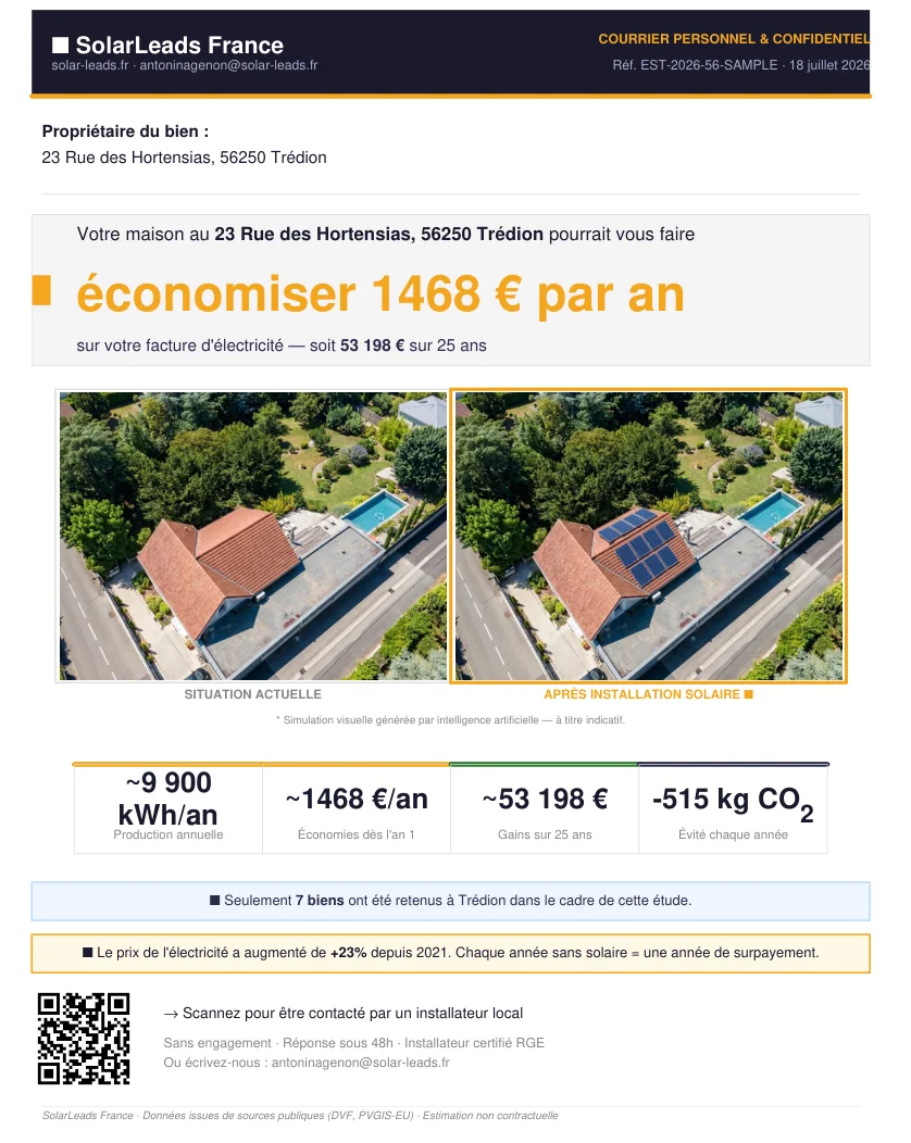 Exemple de lettre SolarLeads : estimation d'économies et visuel avant/après de la maison